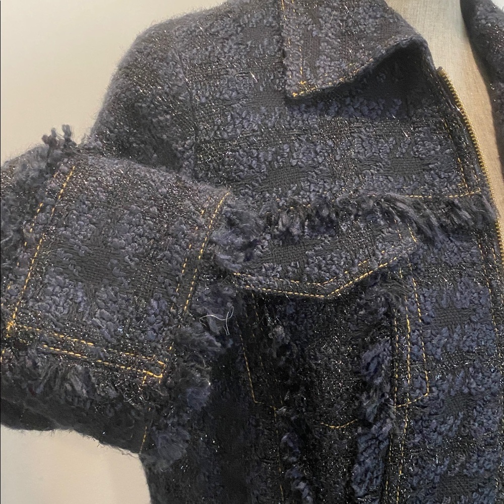 Tory Burch Black Bouclé Tweed Blazer Zip Lady Like Size 12 Fringe Detail Jacket - Picture 7 of 15